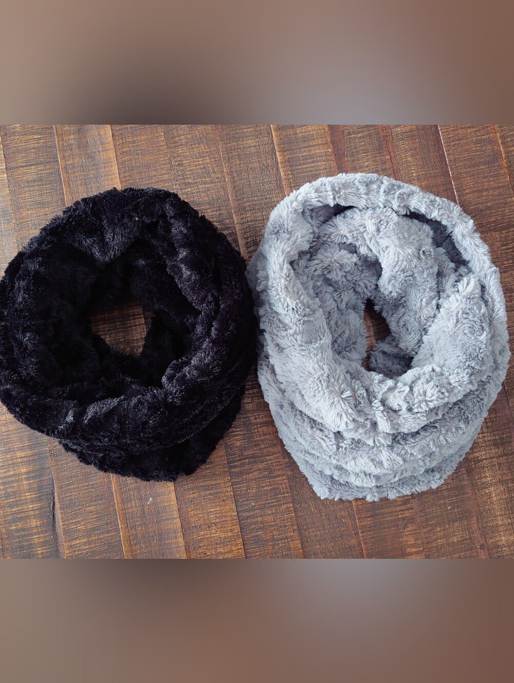 2 Cozy Faux Fur Infinity Scarves - Black and Light Gray
